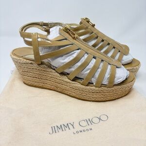 Jimmy Choo Palermo Nude Patent Leather Zip Wedge Espadrille Sandals‎ 41 US 11